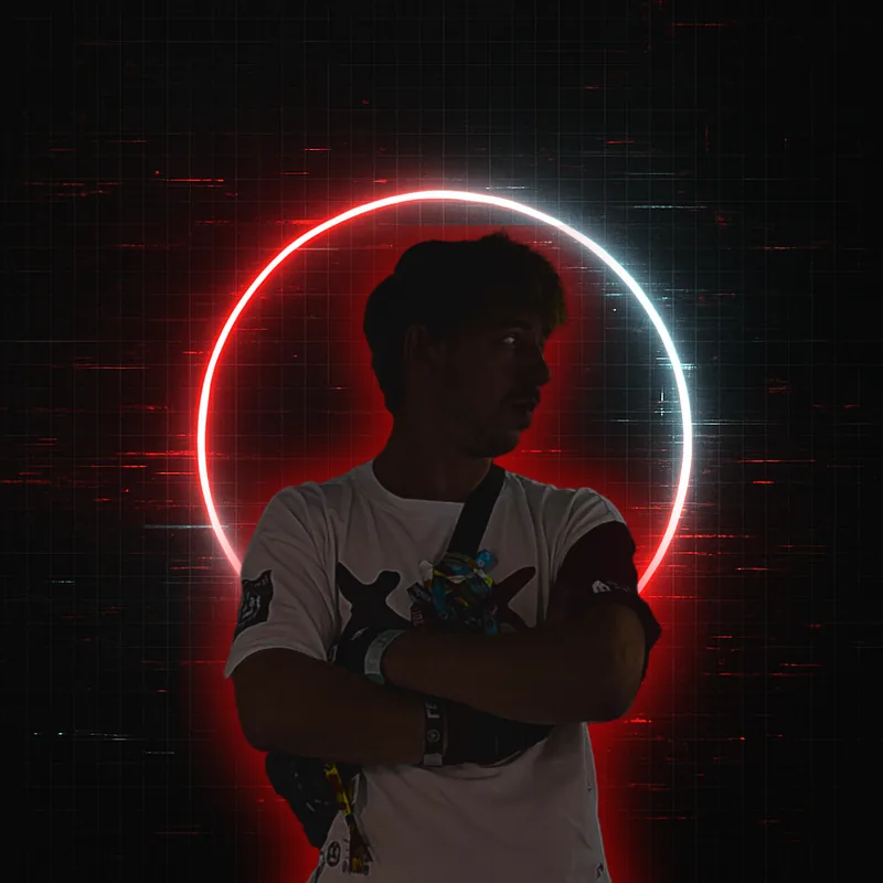 VeXeD in front of a red and white neon ring.
